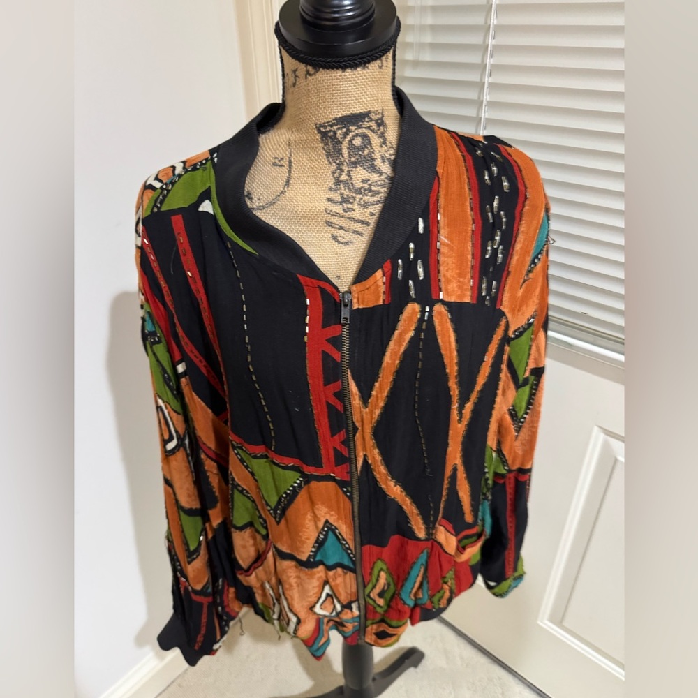 Jane Ashley gorgeous and unique vintage Black bomber zippered Jacket size Large